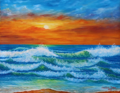 Emerald Green Sea Waves at Sunset