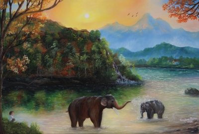 Elephants playing in forest sunrise