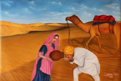 Rajasthani Lifestyle - Woman offering water in desert to a passenger on camel