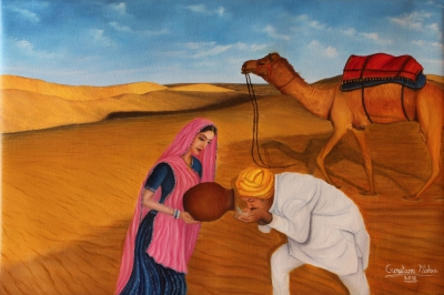 Rajasthani Lifestyle - Woman offering water in desert to a passenger on camel