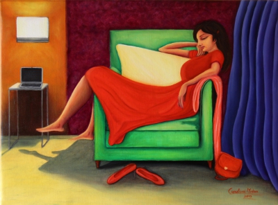 Relaxed - Woman in red relaxing on sofa