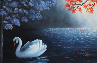 Swan in Lake - Landscape Painting