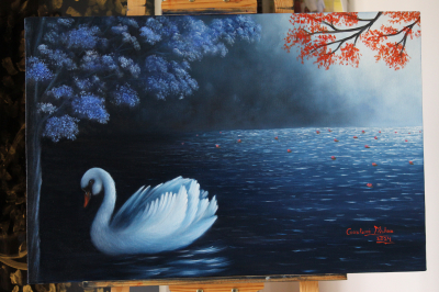 Swan in Lake - Landscape Painting